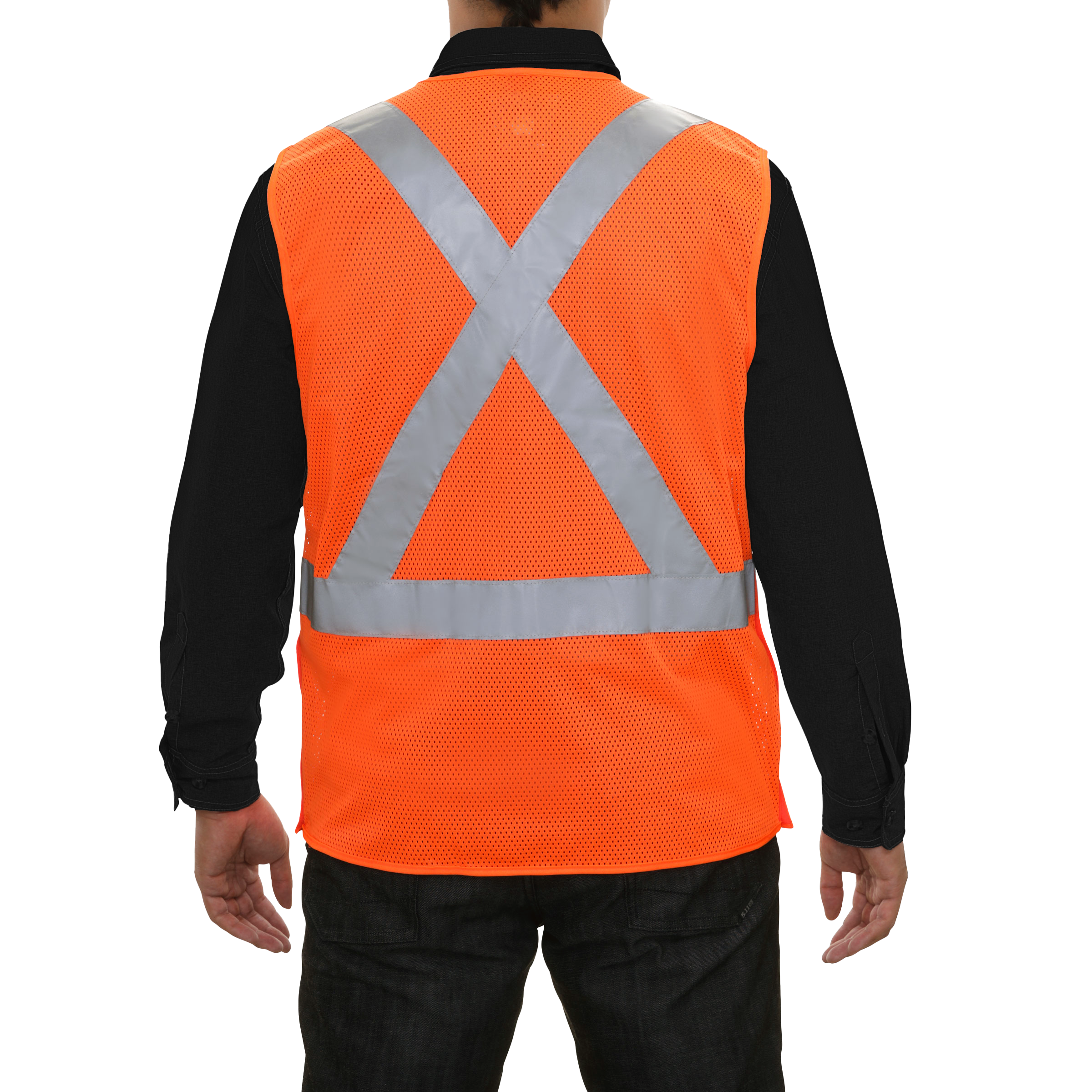 Safety Vest Clear ID Pocket 5pt Breakaway X-Back Orange Zip Mesh