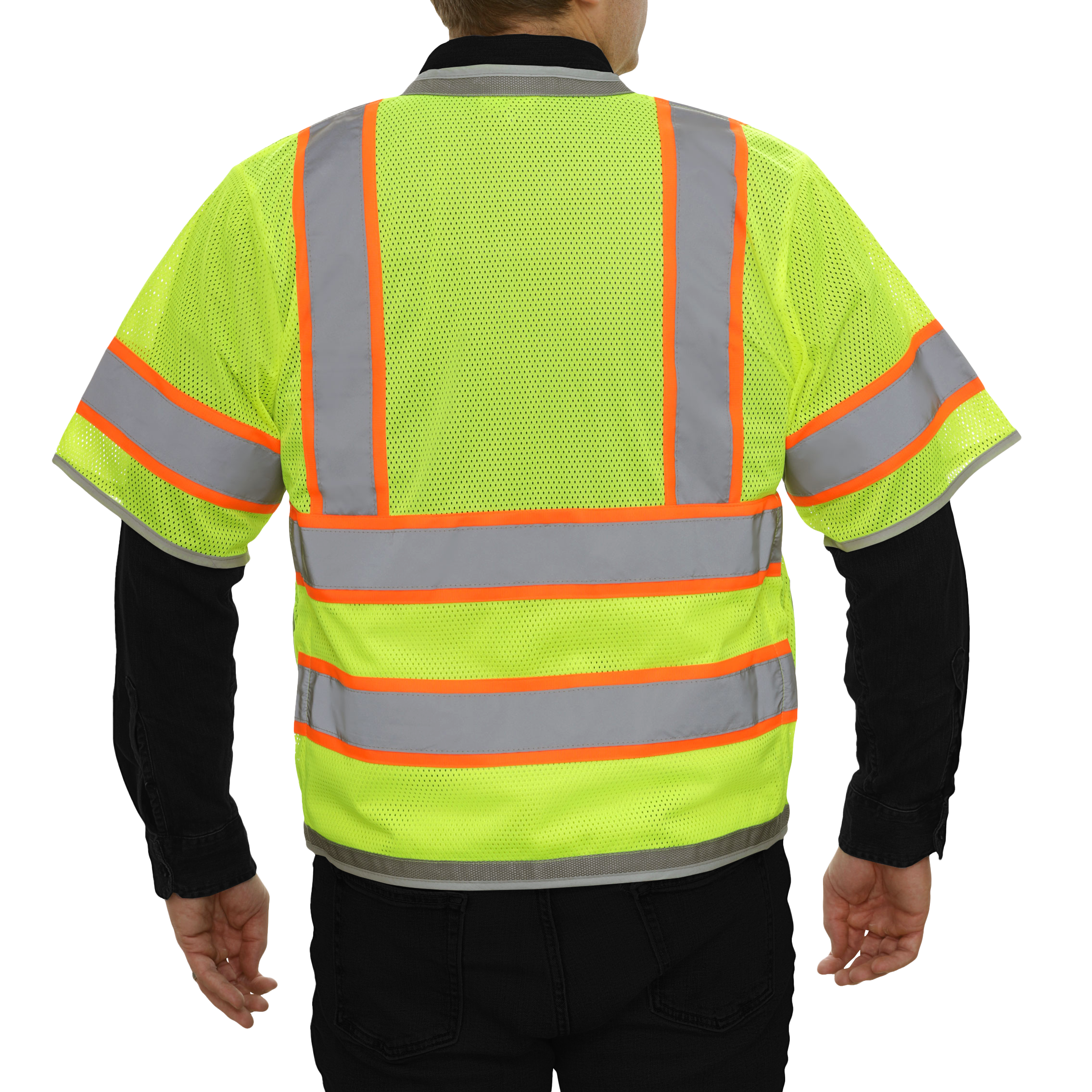 Multi-Pocket Safety Vest Hi-Vis Lime Mesh Vest Surveyor Contrasting Trim