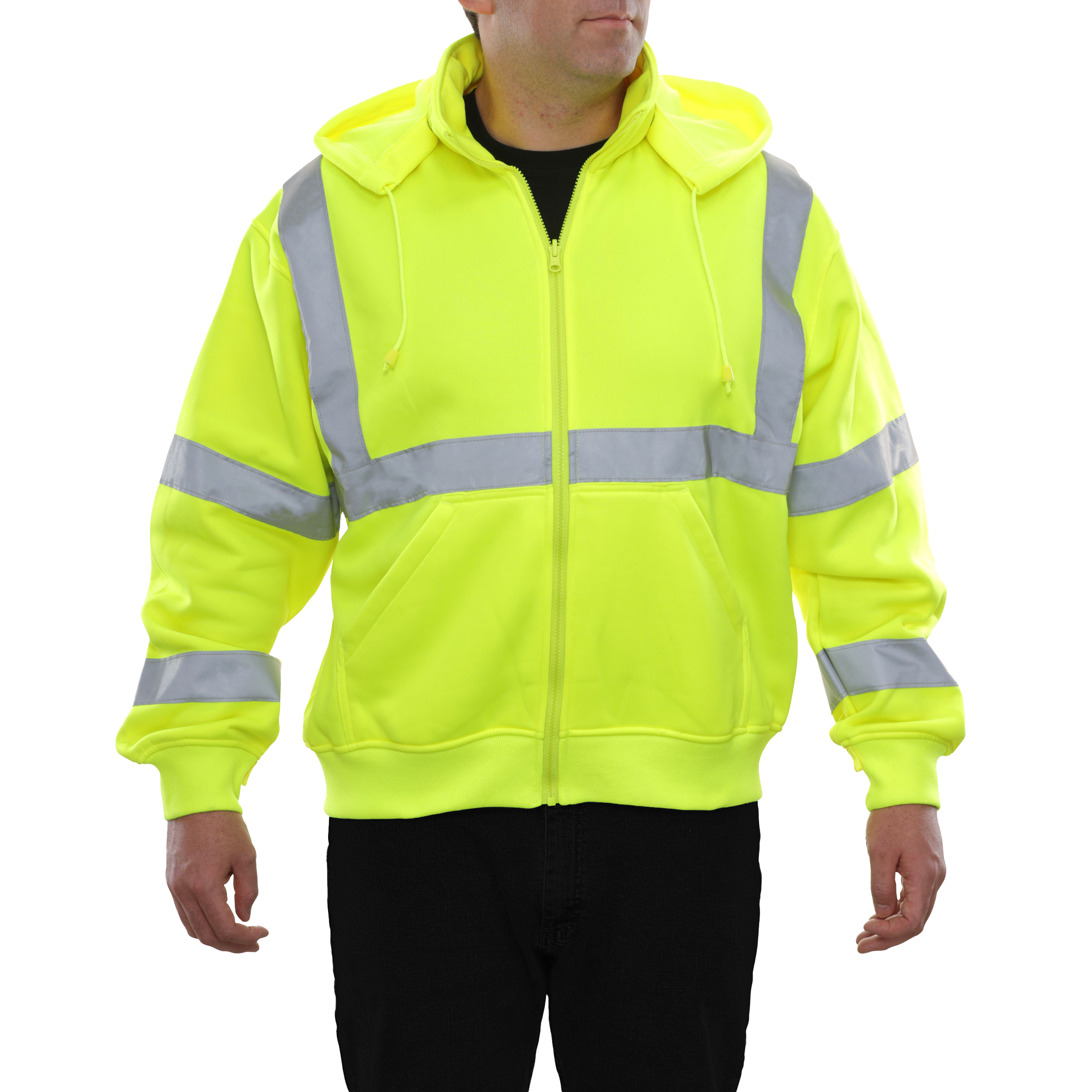 Safety Sweatshirt Hi Vis Full Zip Lime Removeable Hood 10.5oz