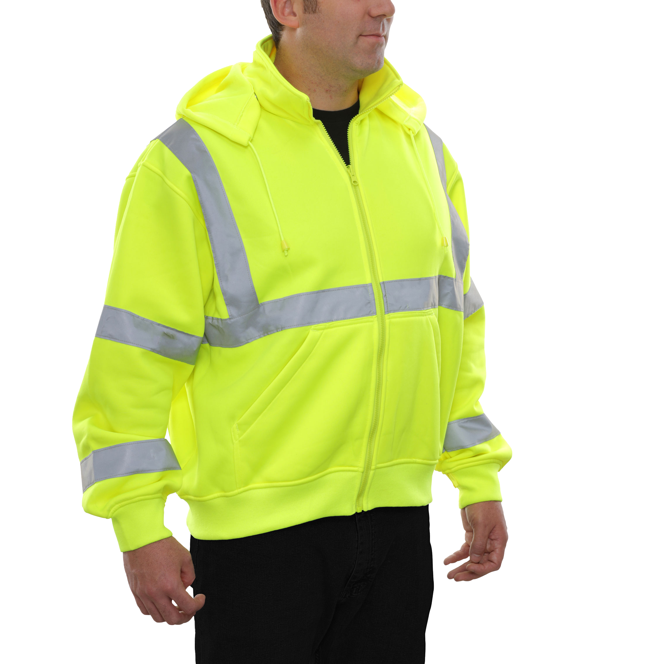 Safety Sweatshirt Hi Vis Full Zip Lime Removeable Hood 10.5oz