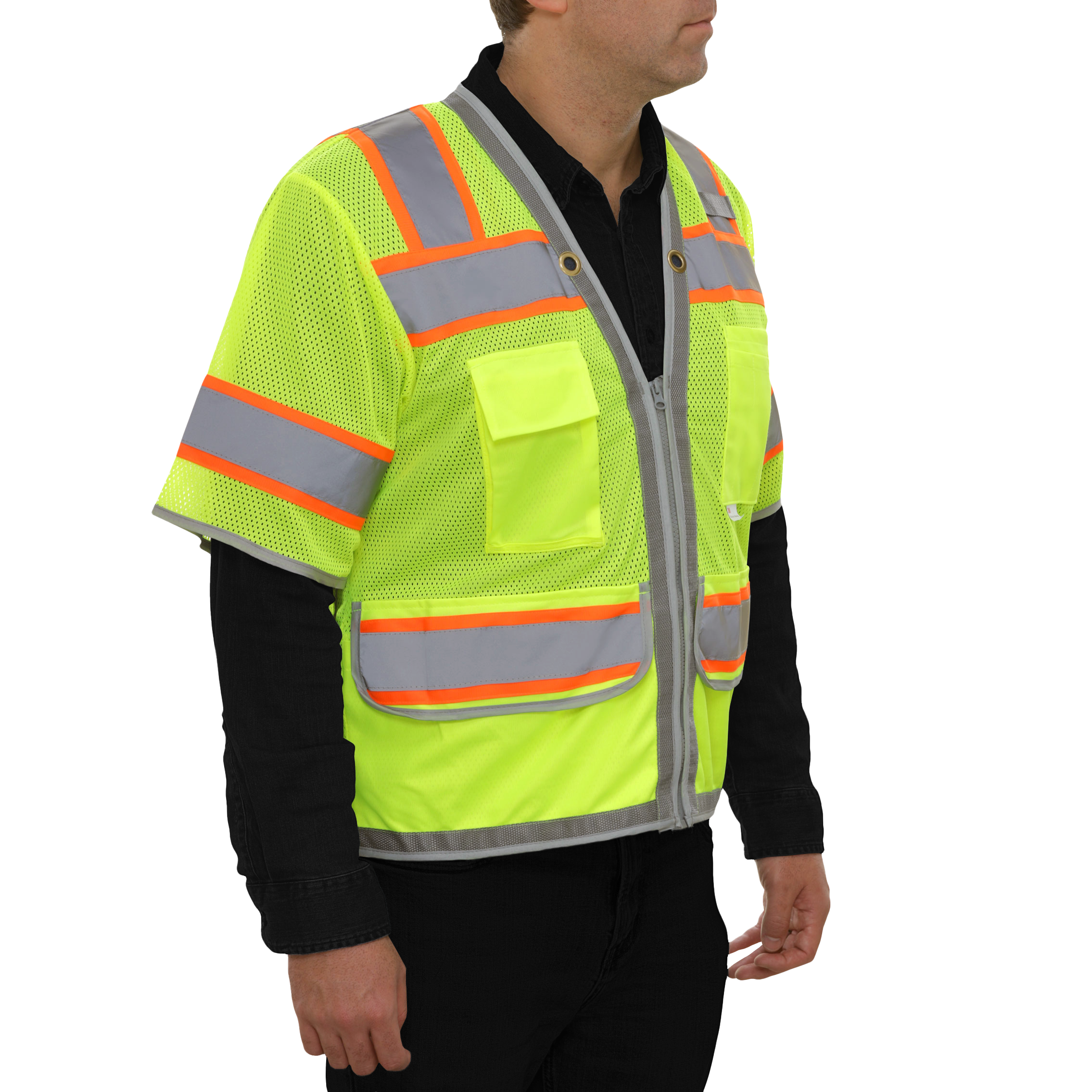 Multi-Pocket Safety Vest Hi-Vis Lime Mesh Vest Surveyor Contrasting Trim
