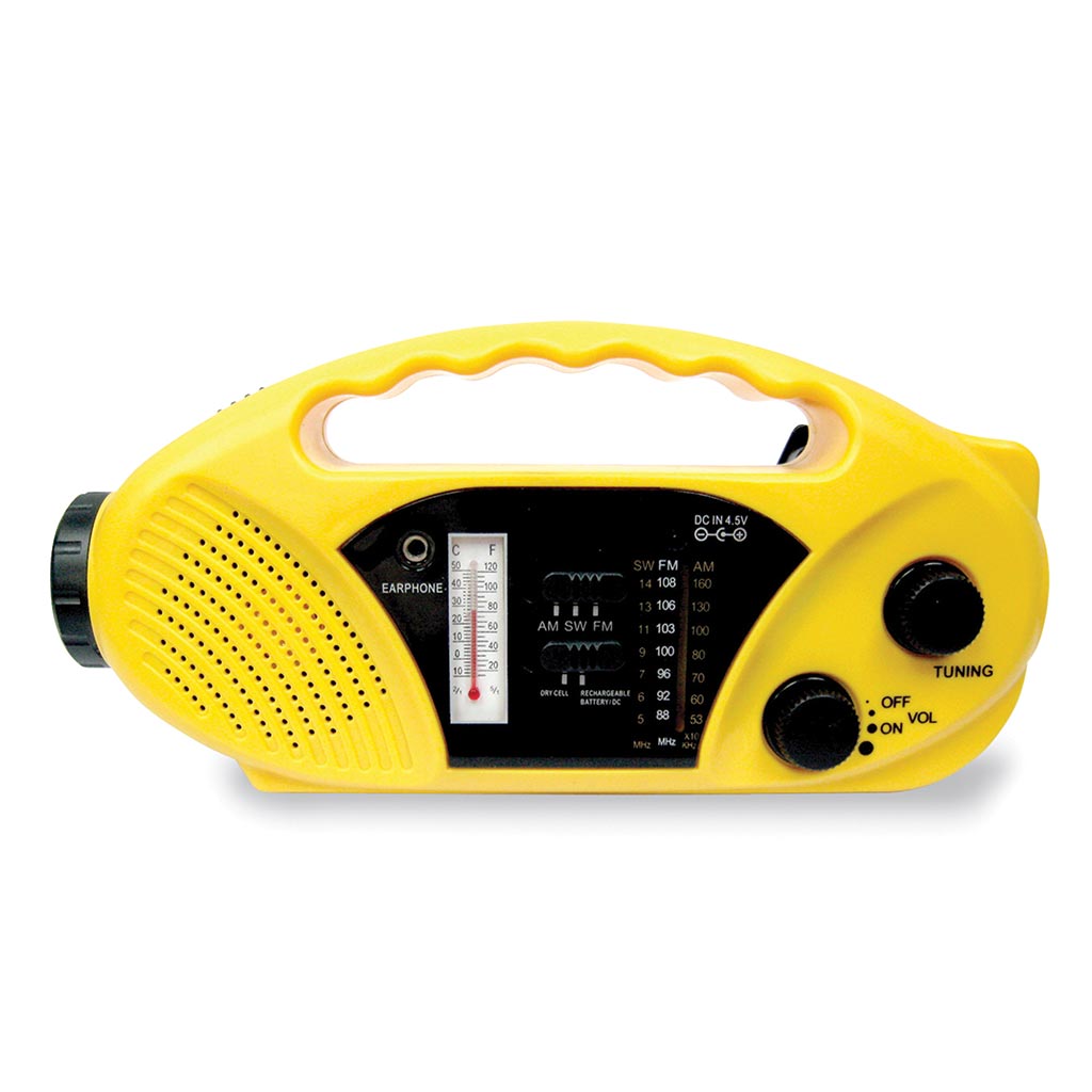 Compact Crank-Solar-Battery AM-FM-WB Radio-Flashlight