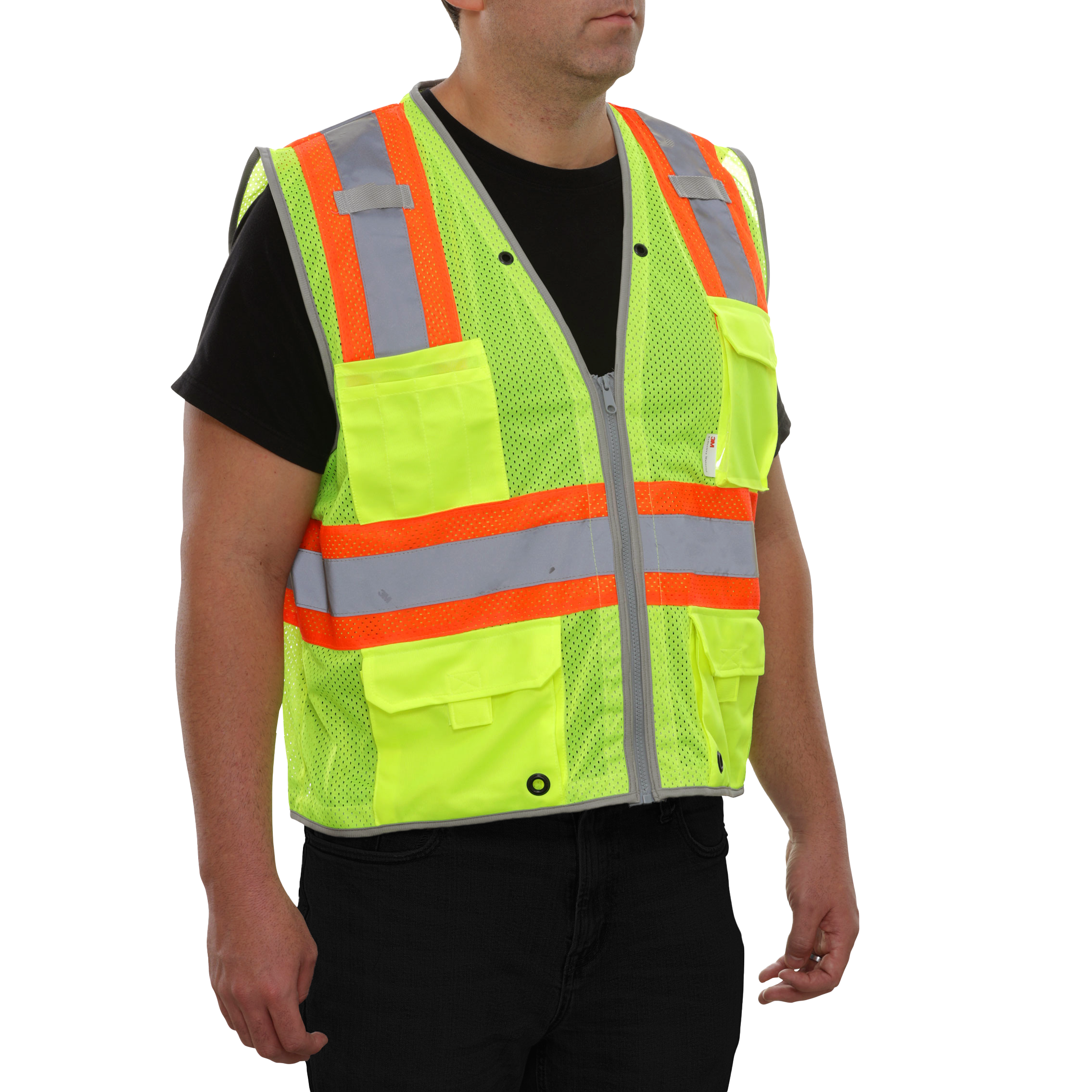 Multi-Pocket Safety Vest Hi-Vis Mesh Vest Surveyor Contrasting Trim