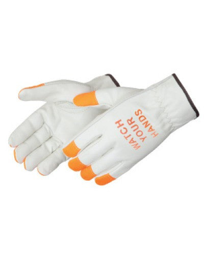 Grain cowhide driver - fluorescent fingertips ("WATCH YOUR HANDS" logo) Gloves - Dozen
