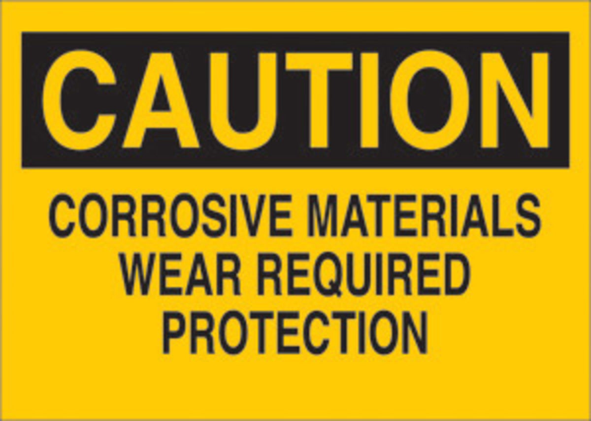 Brady® 10" X 14" X .06" Black On Yellow .0591" B-401 Polystyrene Safety Sign "CORROSIVE MATERIALS WEAR REQUIRED PROTECTION"