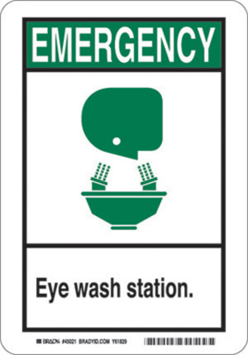 Brady® 14" X 10" X .035" Black/Green On White B-555 Aluminum Eye Wash Sign "EMERGENCY EYE WASH STATION."