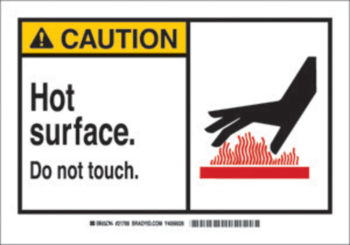 Brady® 3 1/2" X 5" X .006" Black/Red On Yellow .01" B-302 Polyester Caution Sign "HOT SURFACE DO NOT TOUCH"