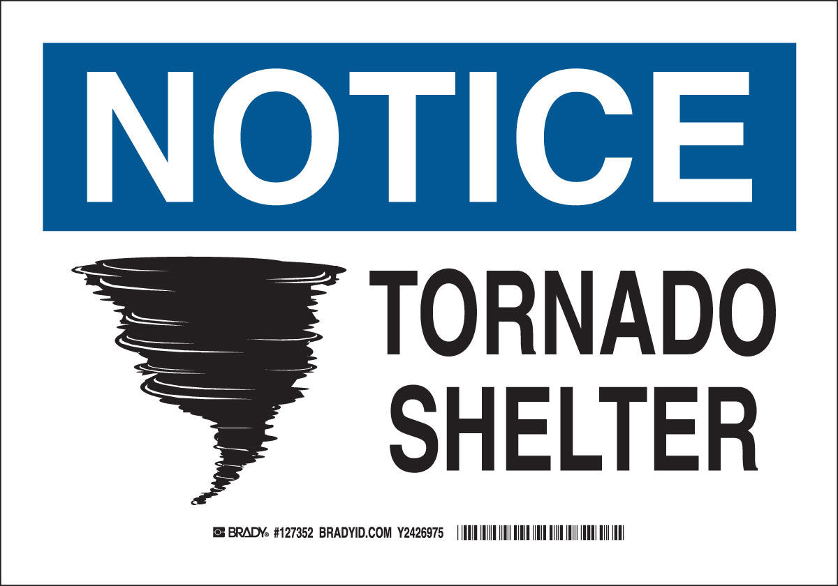 Brady® 7" X 10" X .006" Black/Blue On White .01" B-302 Polyester Safety Sign "TORNADO SHELTER"