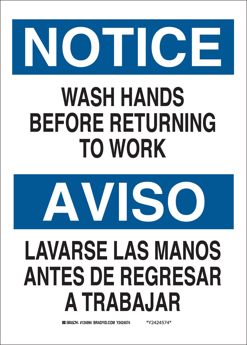 Brady® 10" X 14" X .06" Black/Blue On White .0591" B-401 Polystyrene Safety Sign "WASH HANDS BEFORE RETURNING TO WORK/LAVESE LAS MAN"