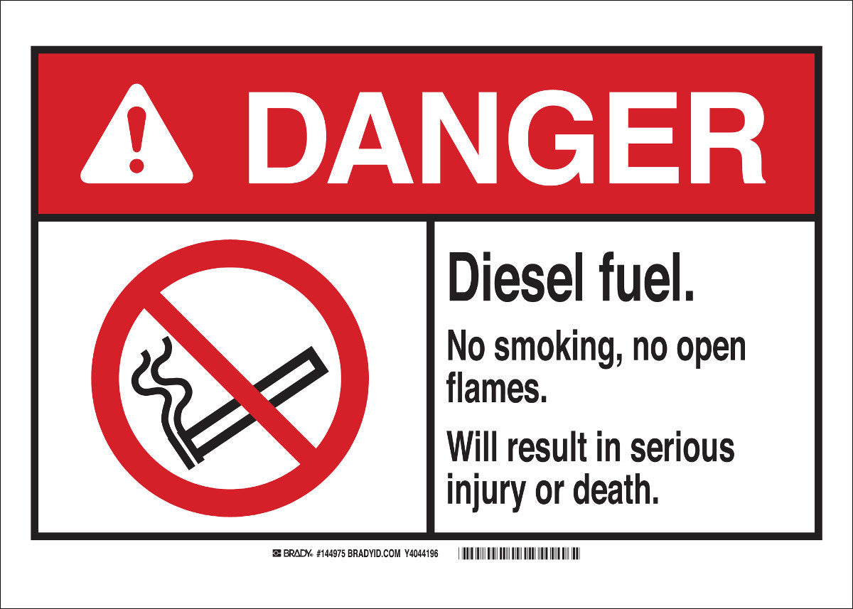 Brady® 10" X 14" X .06" Black/Red On White .0591" B-401 Polystyrene Safety Sign "DIESEL FUEL. NO SMOKING. NO OPEN FLAMES. WILL RESULT IN SERIOUS INJURY OR DEATH."