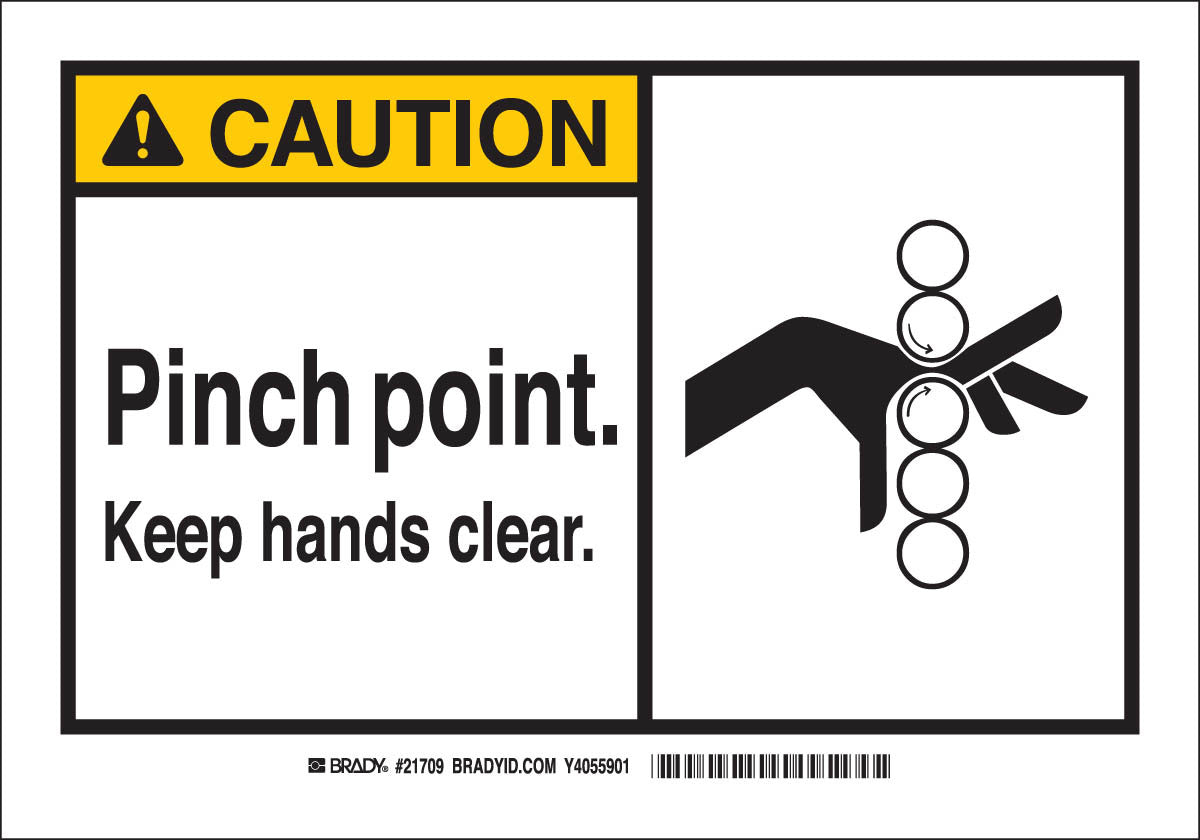 Brady® 7" X 10" X .006" Black On Yellow .01" B-302 Polyester Safety Sign "PINCH POINT KEEP HANDS CLEAR"