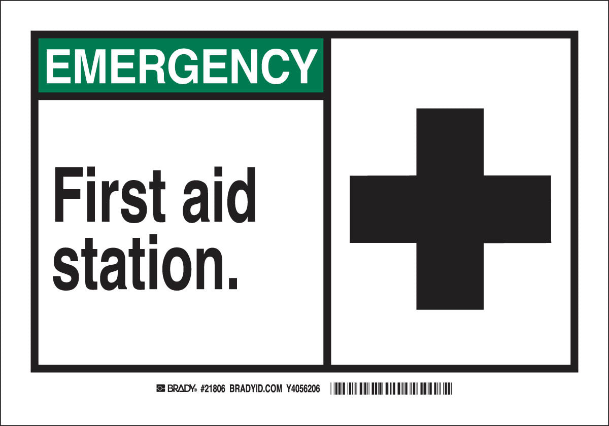 Brady® 7" X 10" X .06" Black/Green On White .0591" B-401 Polystyrene Safety Sign "FIRST AID STATION"