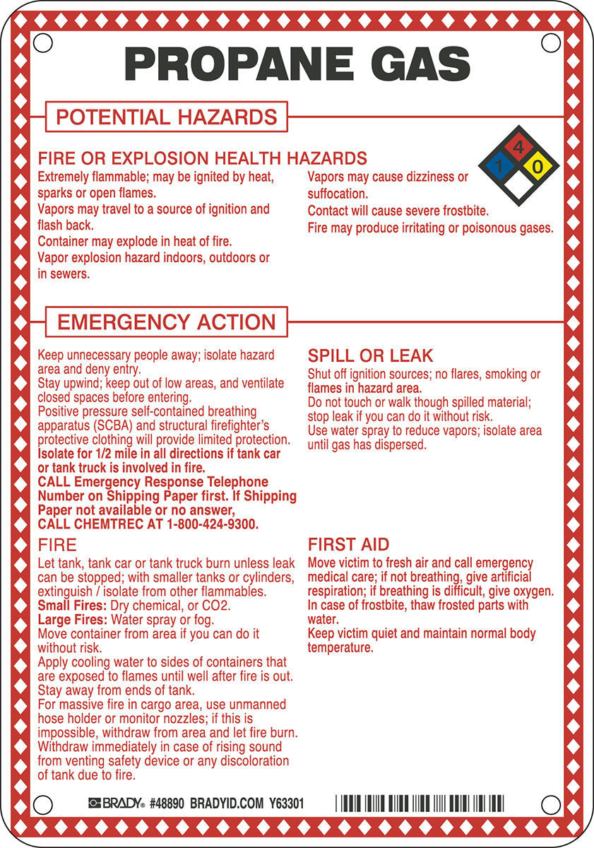 Brady® 10" X 7" X 1/10" Black/Blue/Red/Yellow On White .0984" B-120 Fiberglass Safety Sign "PROPANE GAS POTENTIAL HAZARDS"