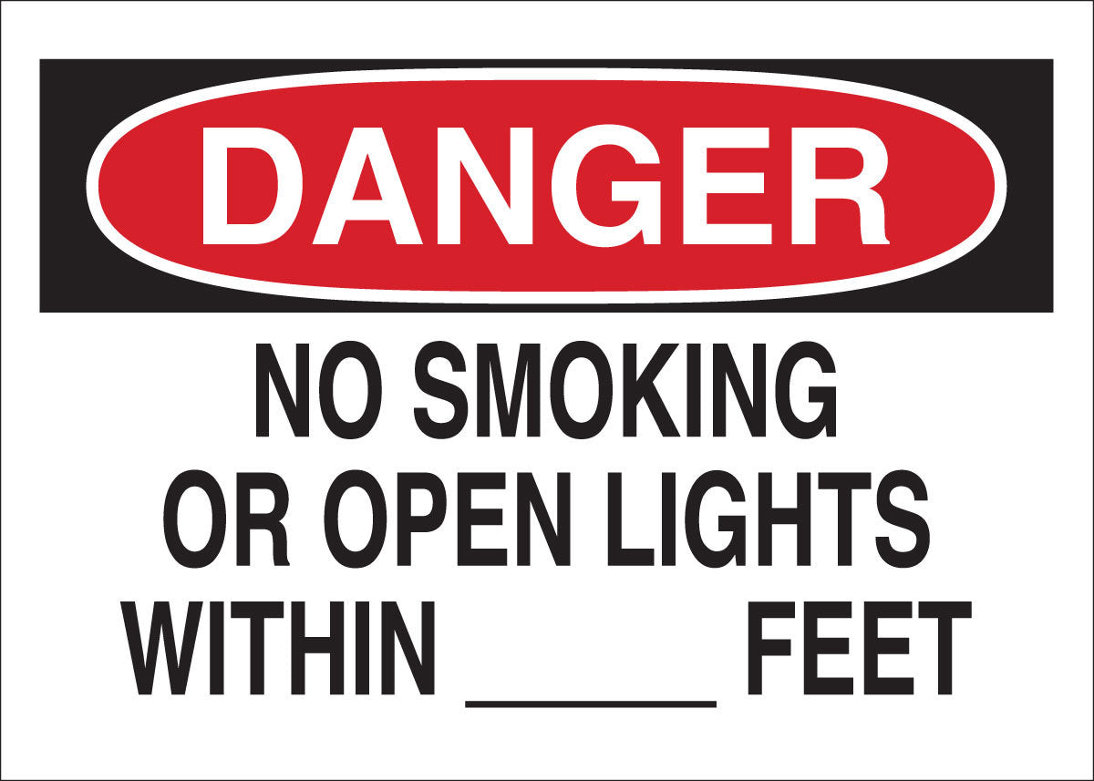 Brady® 10" X 14" X .06" Black/Red On White .0591" B-401 Polystyrene Danger Sign "DANGER NO SMOKING OR OPEN LIGHTS WITHIN __FEET"
