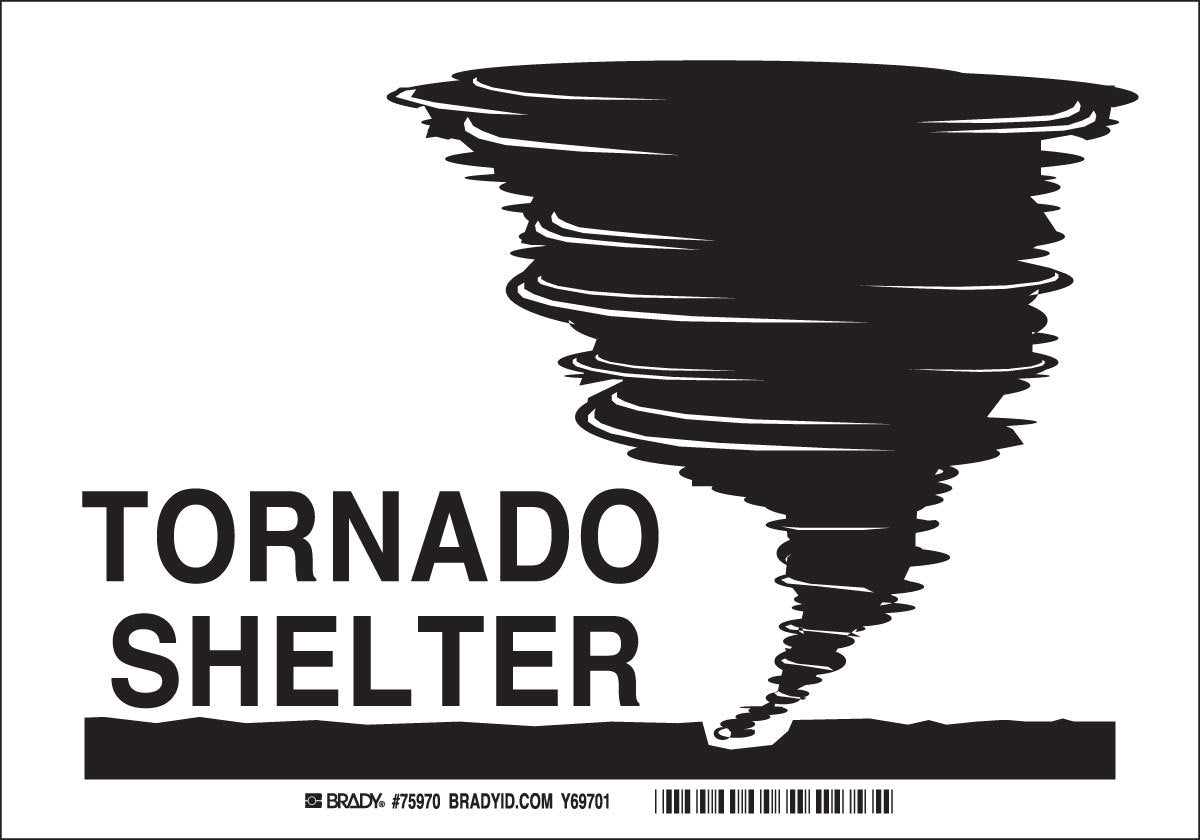 Brady® 10" X 14" X 1/10" Black On White .0984" B-120 Fiberglass Safety Sign "TORNADO SHELTER"