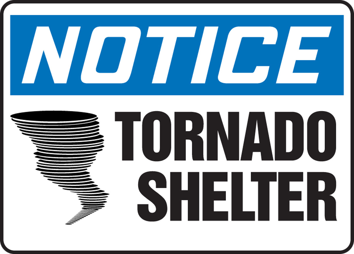 Accuform® 7" X 10" Blue, Black And White Adhesive Vinyl Safety Signs "NOTICE TORNADO SHELTER"