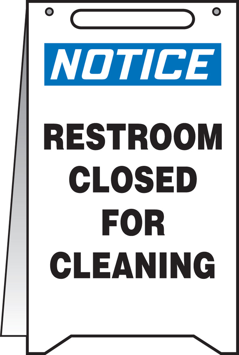 Accuform® 20" X 12" Blue, Black And White Rugged Plastic FOLD-UPS® Floor Signs "NOTICE RESTROOM CLOSED FOR CLEANING"
