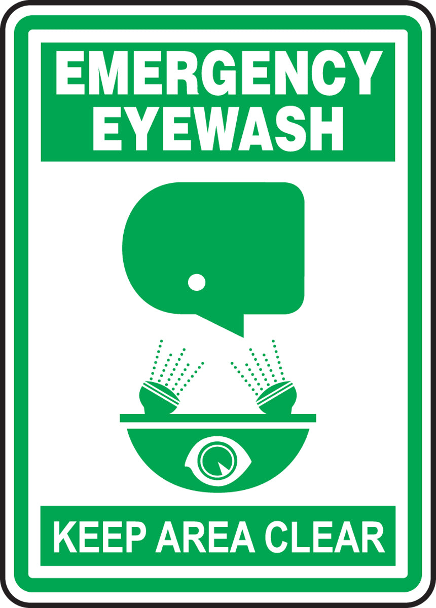 Accuform® 14" X 10" Green And White Aluminum Safety Signs "EMERGENCY EYEWASH KEEP AREA CLEAR"