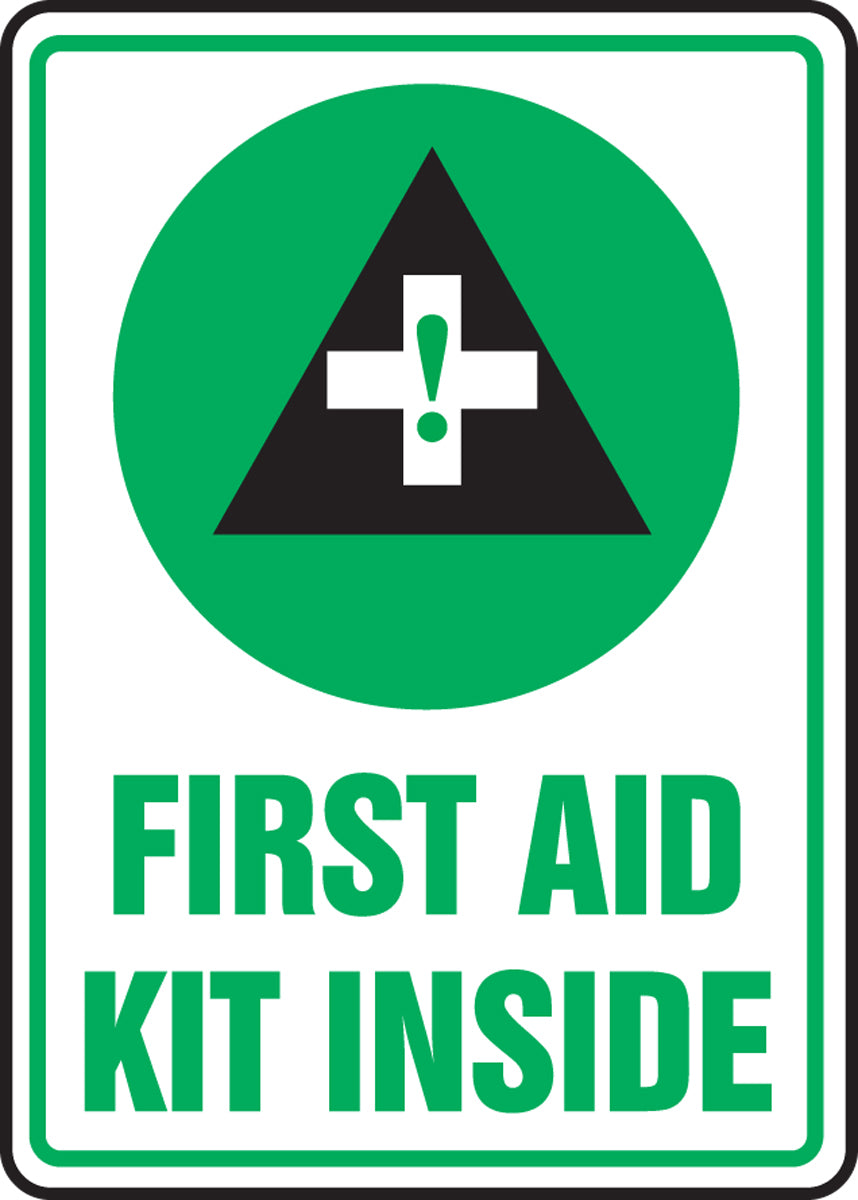 Accuform® 10" X 7" Green, Black And White Adhesive Dura-Vinyl™ Safety Signs "FIRST AID KIT INSIDE"