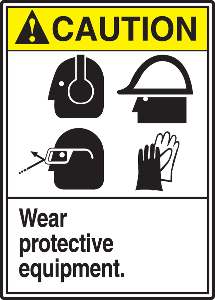 Accuform® 14" X 10" Yellow, Black And White Plastic Safety Signs "CAUTION WEAR PROTECTIVE EQUIPMENT"