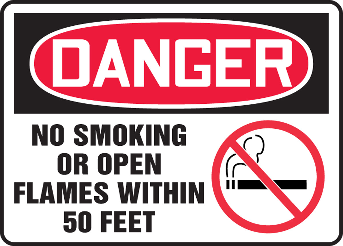 Accuform® 7" X 10" Red, Black And White Adhesive Vinyl Safety Signs "DANGER NO SMOKING OR OPEN FLAMES WITHIN 50 FEET"
