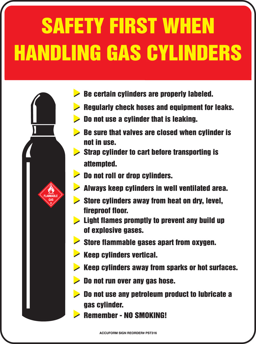 Accuform® 24" X 18" Red, Yellow, Black And White Plastic Laminate Safety Banners & Posters "HANDLING GAS CYLINDERS"