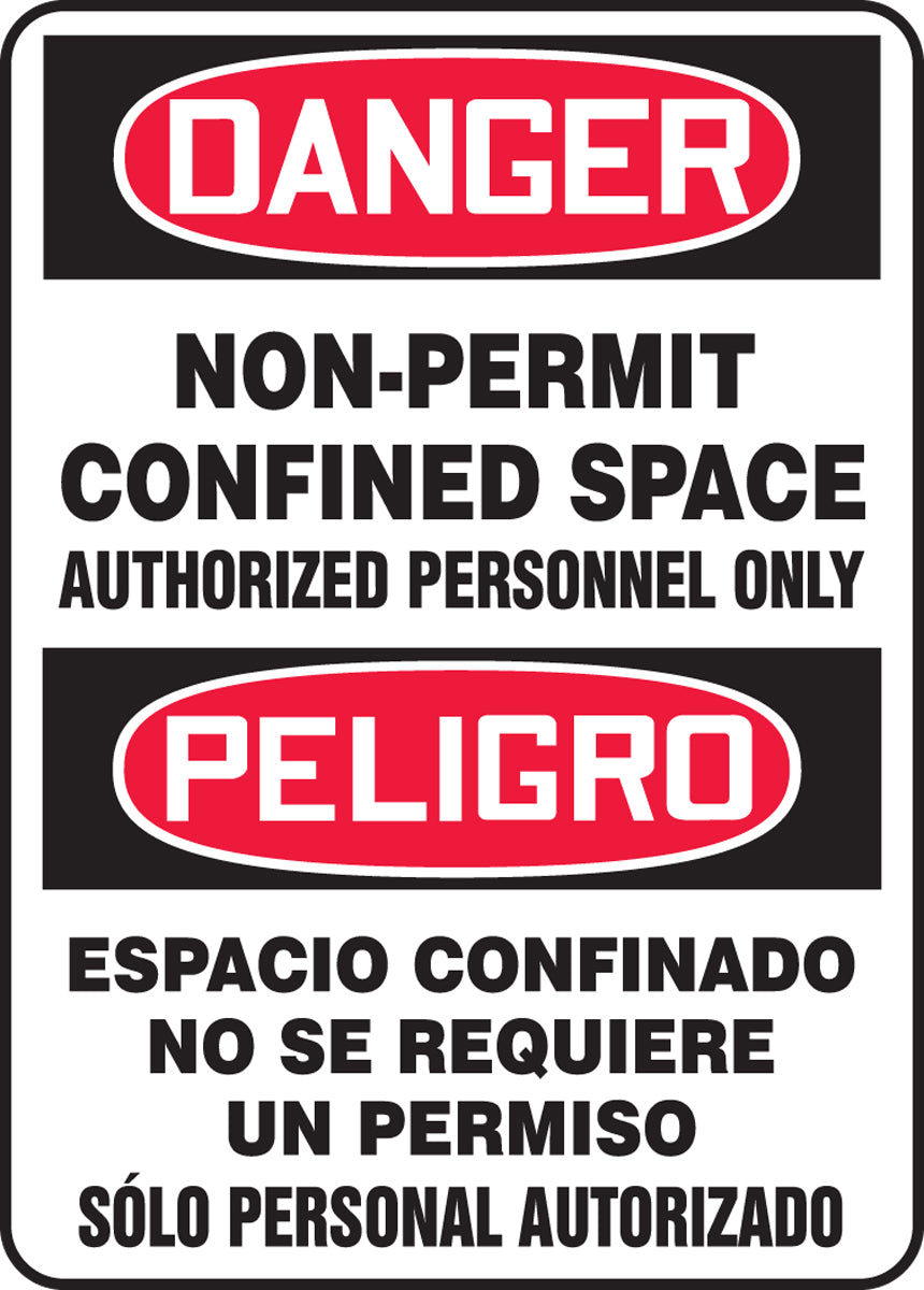 Accuform® 14" X 10" Red, Black And White Adhesive Vinyl Spanish/English Bilingual Safety Signs "DANGER NON-PERMIT CONFINED SPACE AUTHORIZED PERSONNEL ONLY PELIGRO ESPACIO CONFINADO NO SE REQUIERE UN PERMISO SOLO PERSONAL AUTORIZADO"
