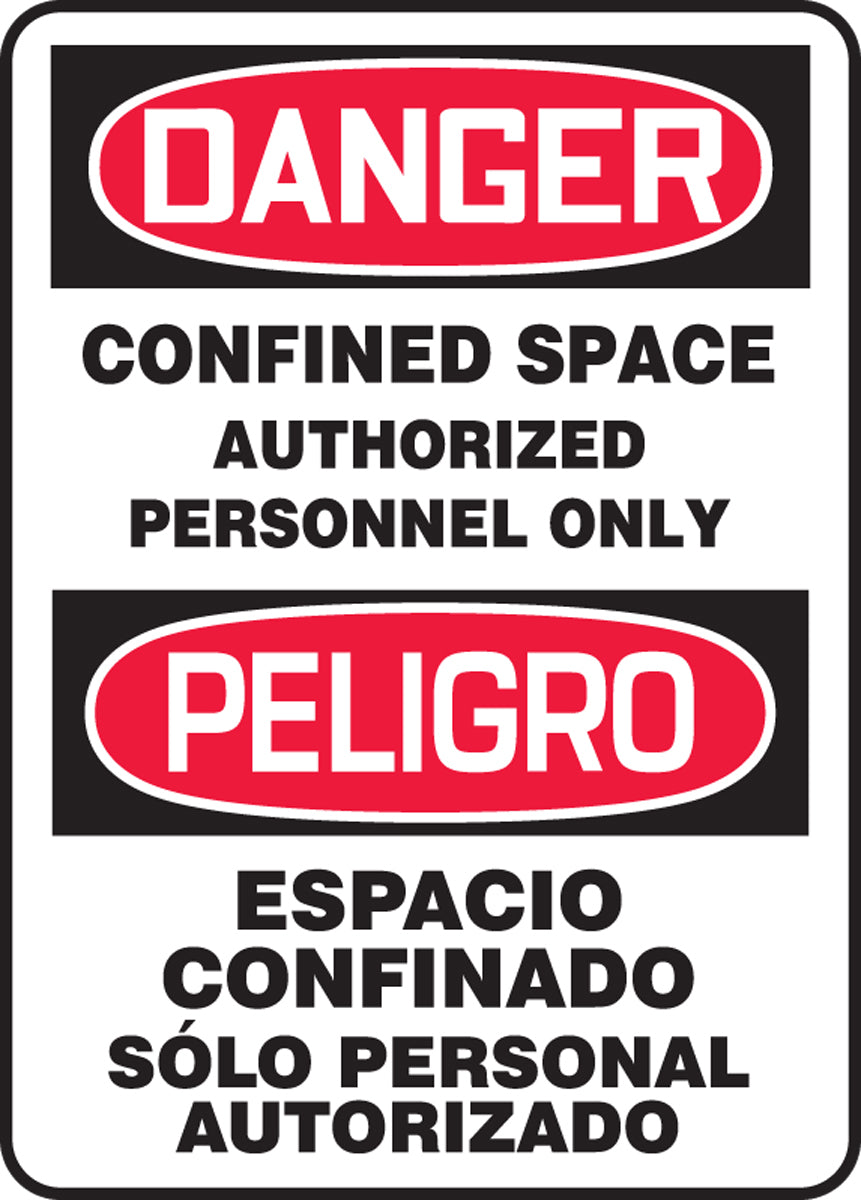 Accuform® 14" X 10" Red, Black And White Plastic Spanish/English Bilingual Safety Signs "DANGER CONFINED SPACE AUTHORIZED PERSONNEL ONLY PELIGRO ESPACIO SOLO PERSONAL AUTORIZADO"