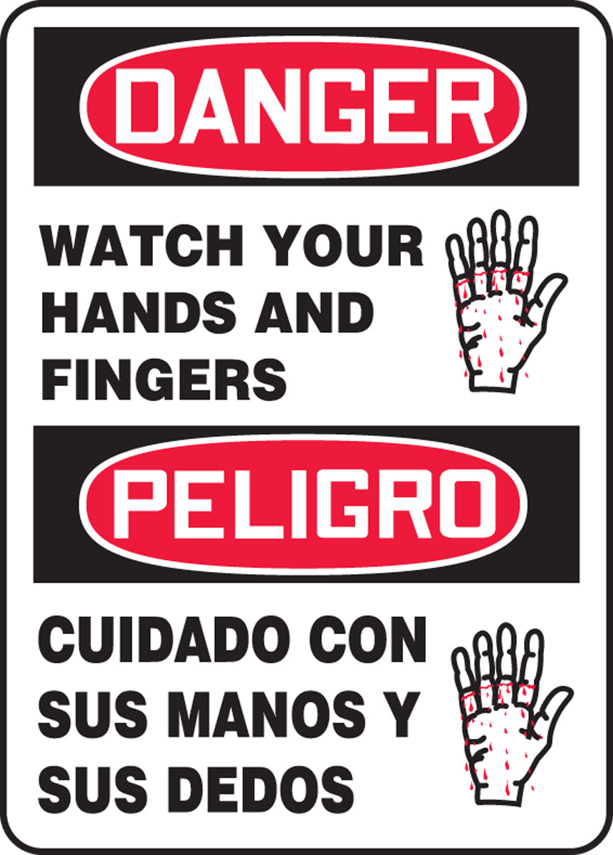 Accuform® 14" X 10" Red, Black And White Plastic Spanish/English Bilingual Safety Signs "DANGER WATCH YOUR HANDS AND FINGERS PELIGRO CUIDADO CON SUS MANOS Y SUS DEDOS"