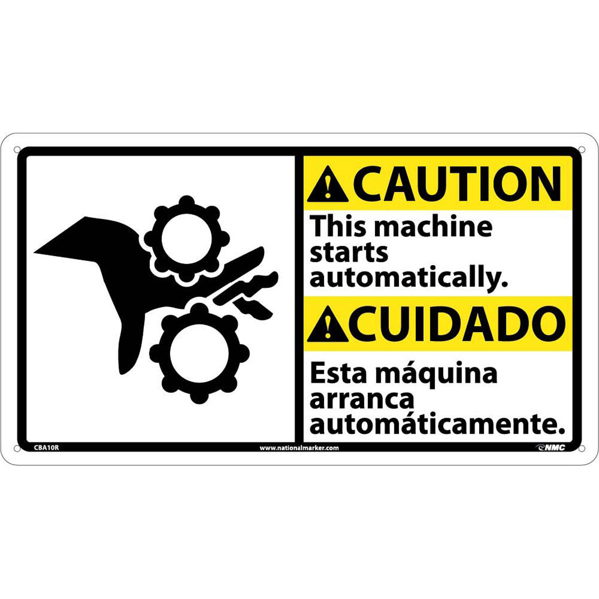 NM 10" X 18" White .05" Rigid Plastic Spanish/English Bilingual Sign "This machine starts automatically. Esta máquina arranca automáticamente."