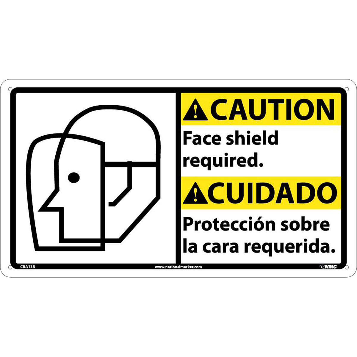 NM 10" X 18" White .05" Rigid Plastic Spanish/English Bilingual Sign "Face shield required. Protección sobre la cara requerida."