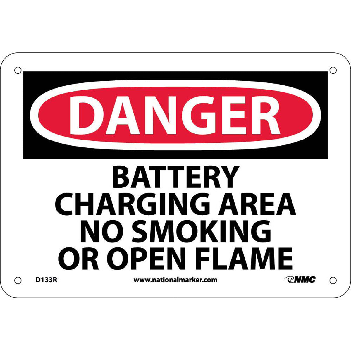 NM 7" X 10" White .05" Rigid Plastic Smoking Control Sign "DANGER BATTERY CHARGING AREA NO SMOKING OR OPEN FLAME"