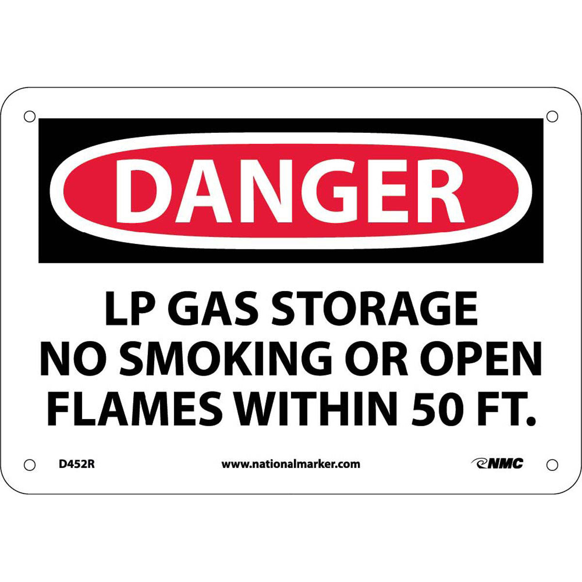 NM 7" X 10" White .05" Rigid Plastic Smoking Control Sign "DANGER LP GAS STORAGE NO SMOKING OR OPEN FLAMES WITHIN 50 FT."