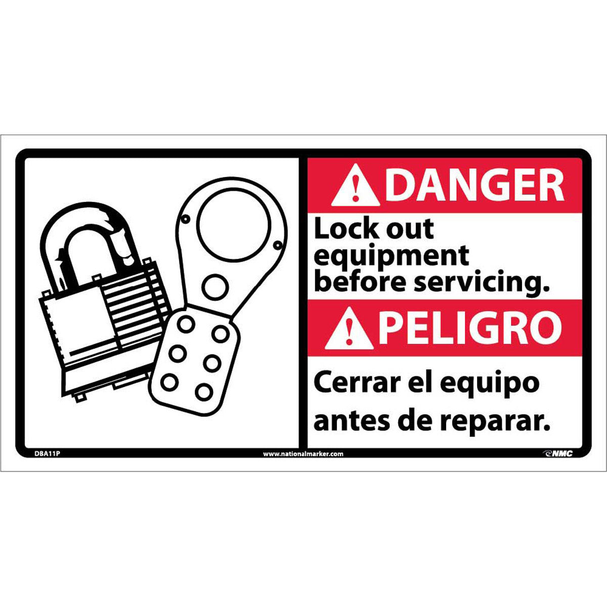 NM 10" X 18" White .0045" Pressure Sensitive Vinyl Spanish/English Bilingual Sign "Lock out equipment before servicing. Cerrar el equipo antes de reparar."