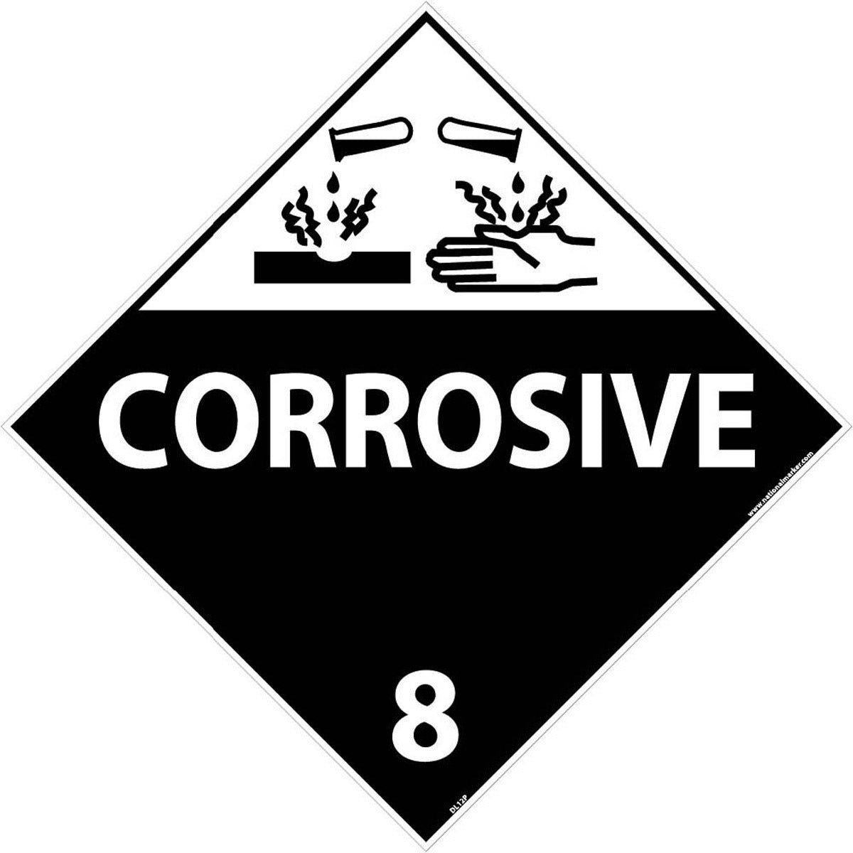 NM 10 3/4" X 10 3/4" White .0045" Pressure Sensitive Vinyl DOT Placard "CORROSIVE 8"