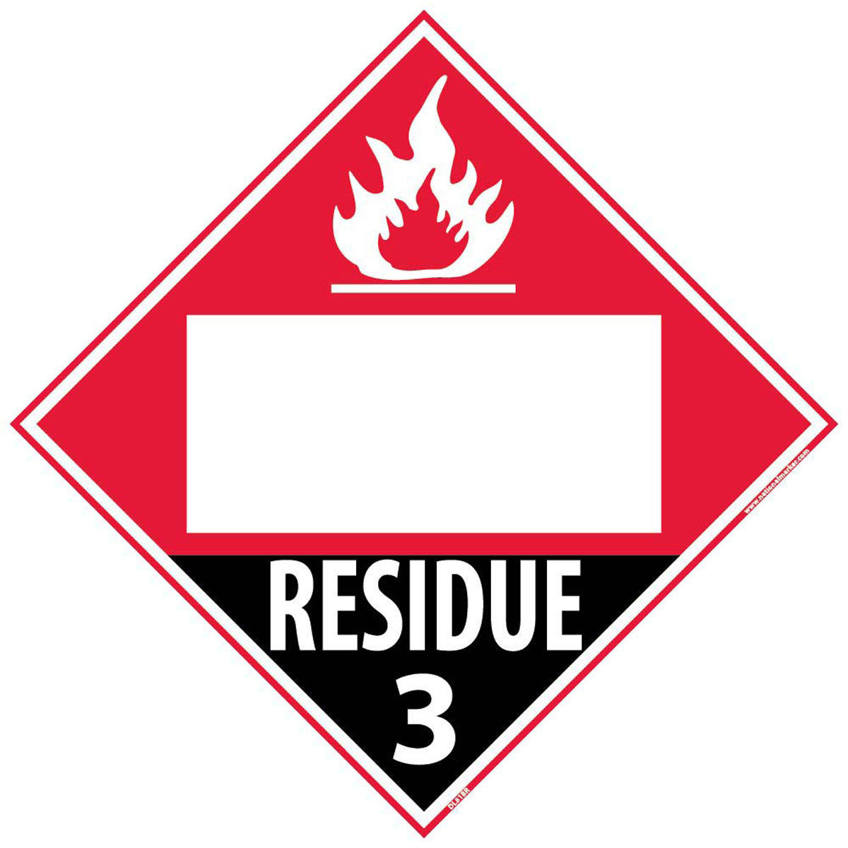 NM 10 3/4" X 10 3/4" White .05" Rigid Plastic DOT Placard "RESIDUE 3"