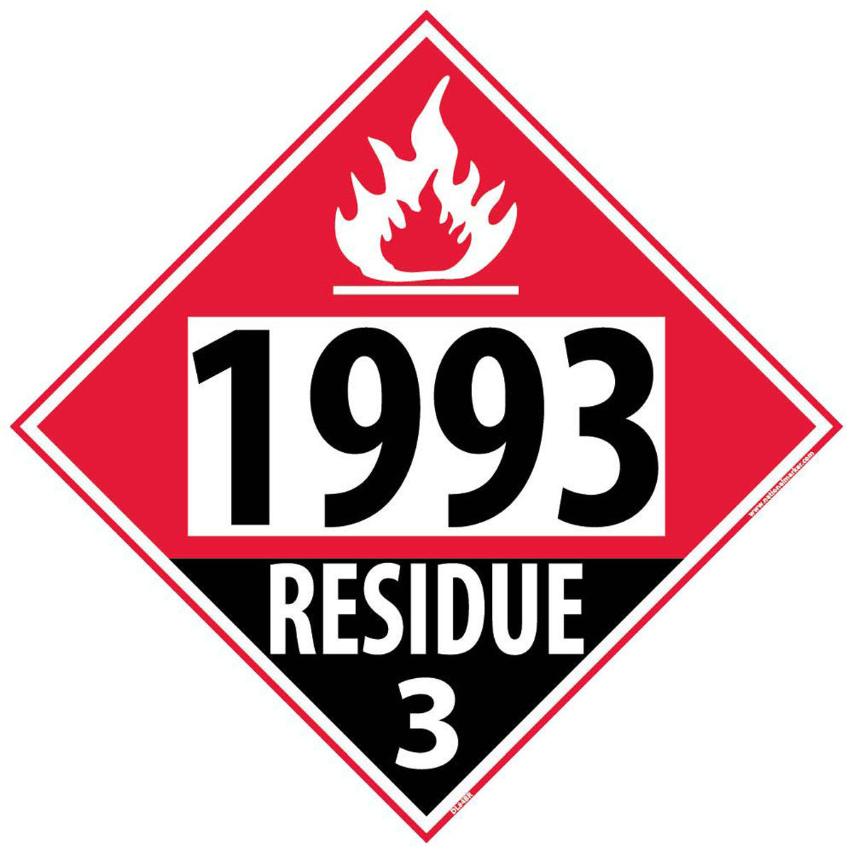 NM 10 3/4" X 10 3/4" White .05" Rigid Plastic DOT Placard "1993 RESIDUE 3"