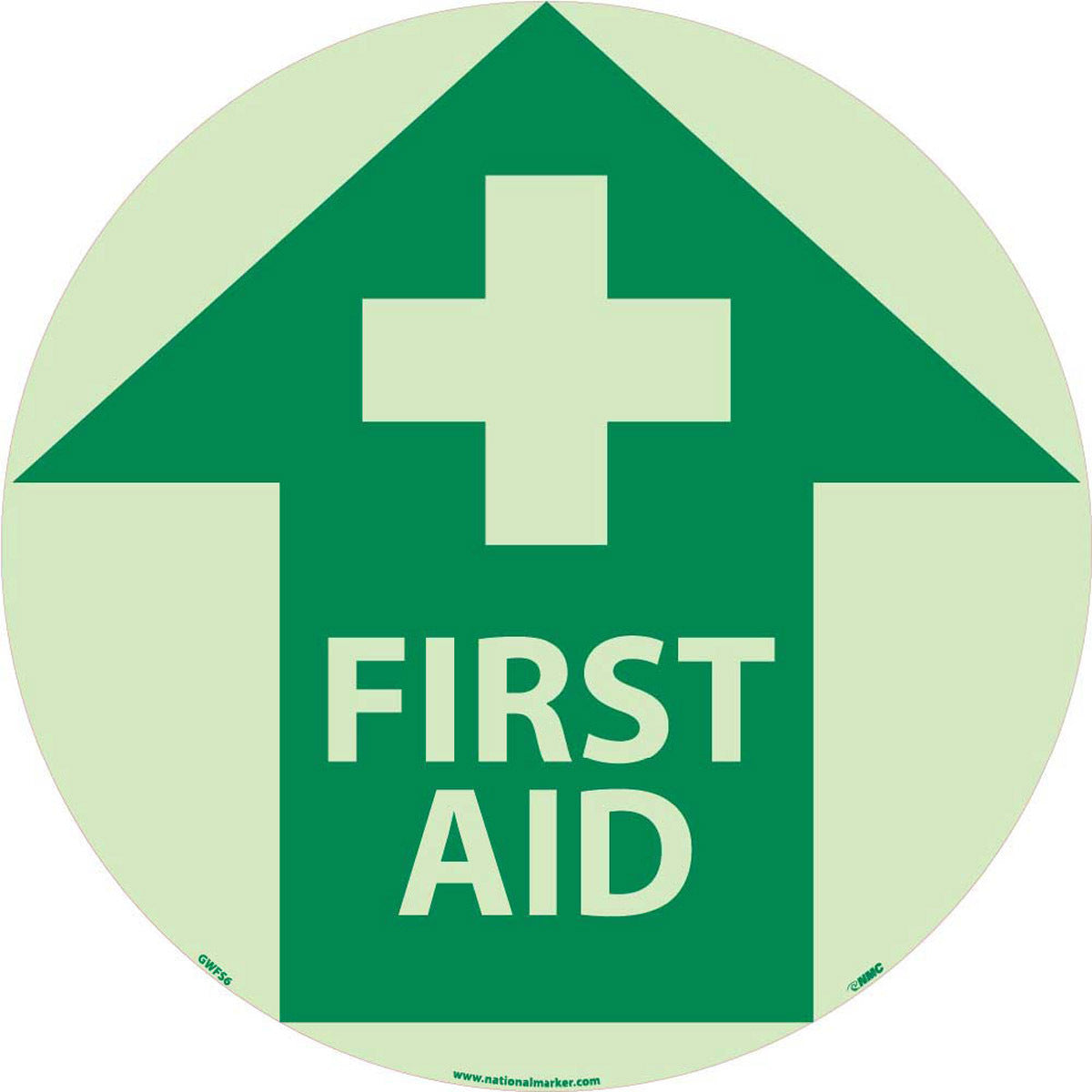 NM 17" X 17" Phosphorescent .0045" Polyester Walk-On Floor Safety Sign "FIRST AID"