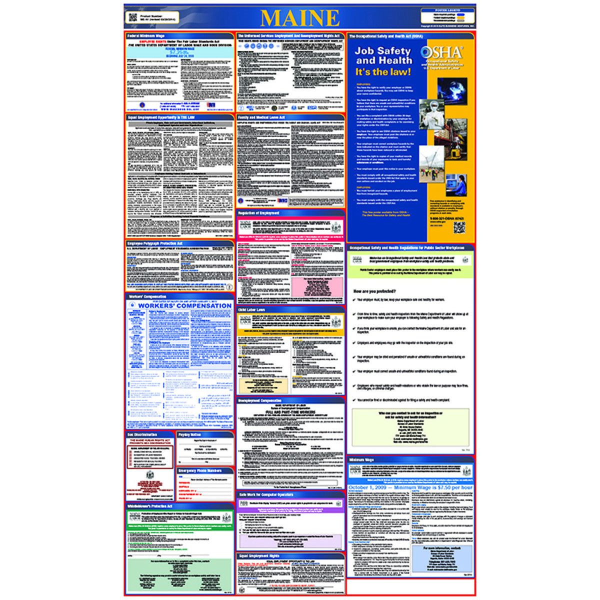 NM 39" X 27" Multi Laminated Paper Labor Laws Poster "MAINE"