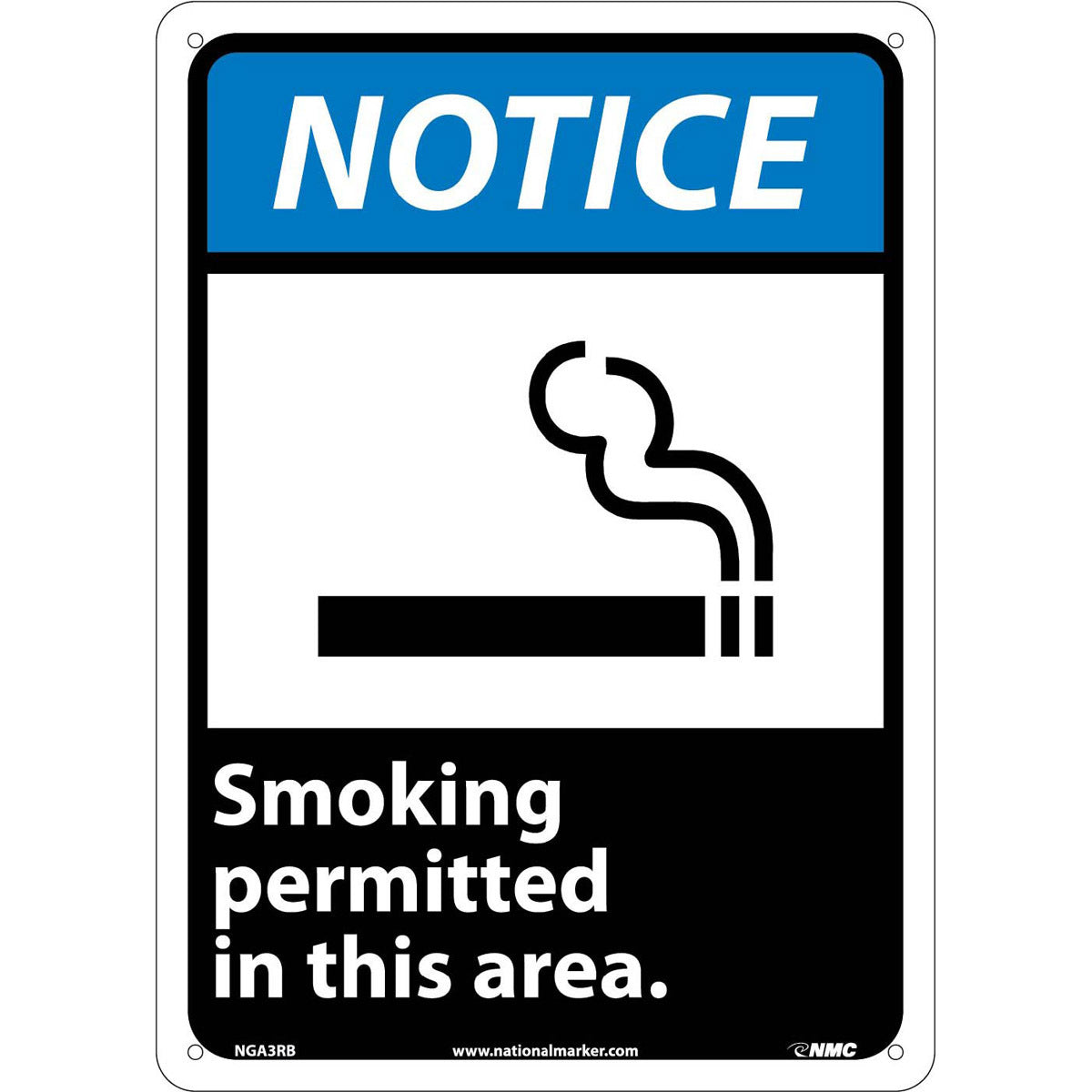 NM 14" X 10" White .05" Rigid Plastic Smoking Control Sign "NOTICE Smoking permitted in this area."