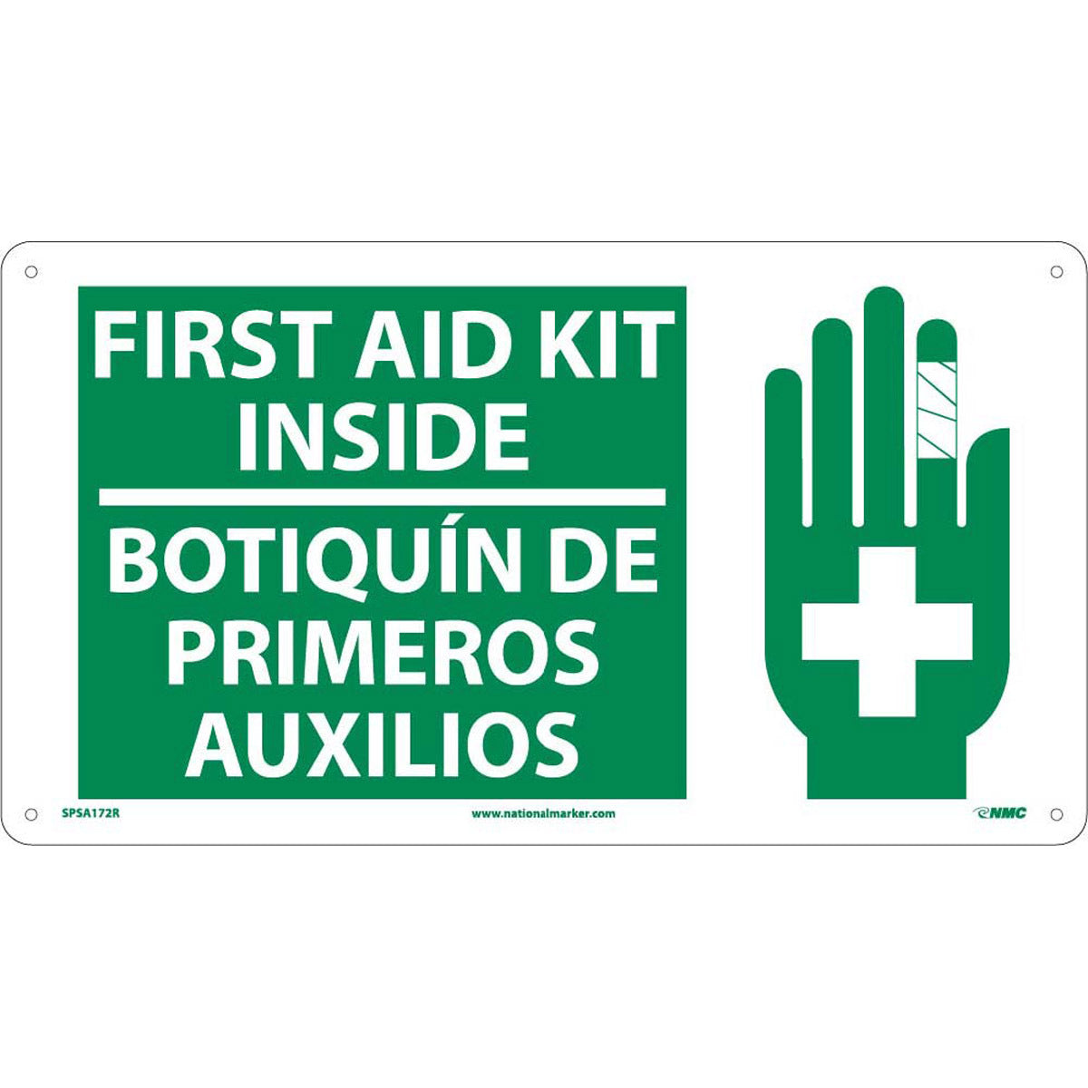 NM 10" X 18" White .05" Rigid Plastic Spanish/English Bilingual Sign "FIRST AID KIT INSIDE BOTIQUIN DE PRIMERO AUXILIOS"