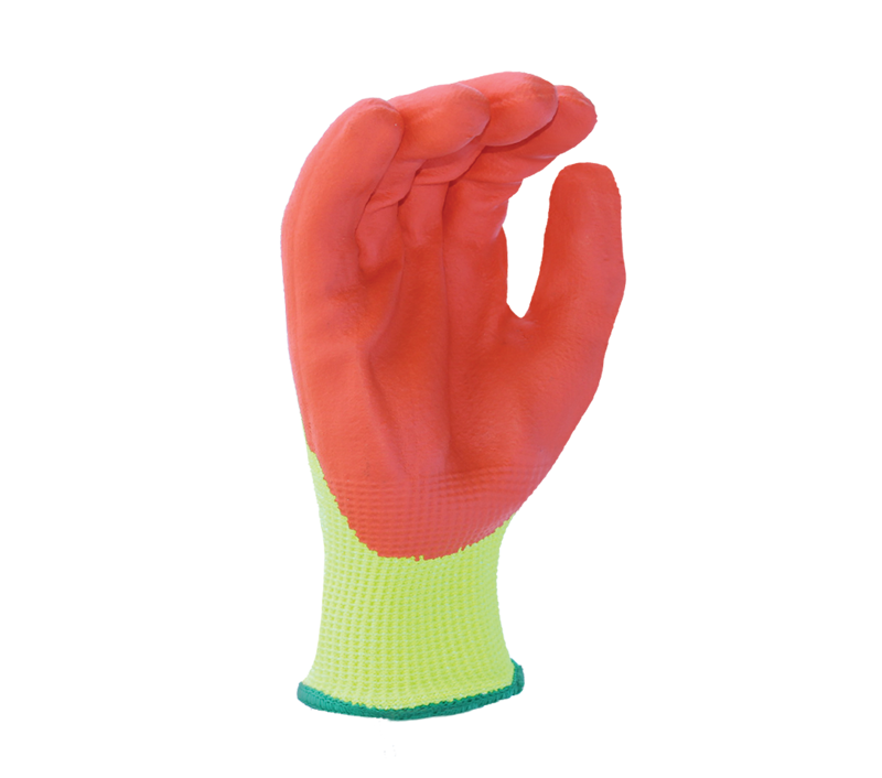 13 gauge Hi-Viz Yellow HDPE shell, Hi-Viz Orange Foam Nitrile Palm coated, ANSI A4