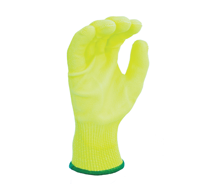 13 Gauge Hi-Vis Yellow HDPE shell, Polyurethane palm coated, ANSI A4