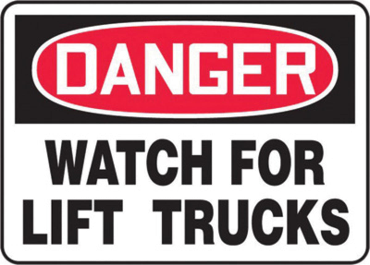 Accuform® 7" X 10" Red, Black And White Adhesive Vinyl Safety Signs "DANGER WATCH FOR LIFT TRUCKS"
