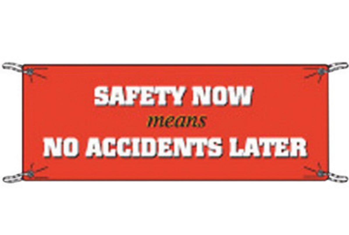 Brady® 3.5' X 10' X .055" Black/White On Red .0551" Polyethylene Safety Banner "SAFETY NOW MEANS NO ACCIDENTS LATER"