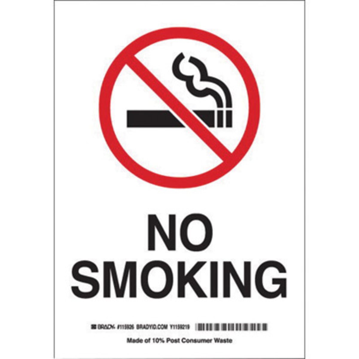 Brady® 10" X 7" X 1/10" Black/Red On White .0984" B-120 Fiberglass Safety Sign "NO SMOKING"