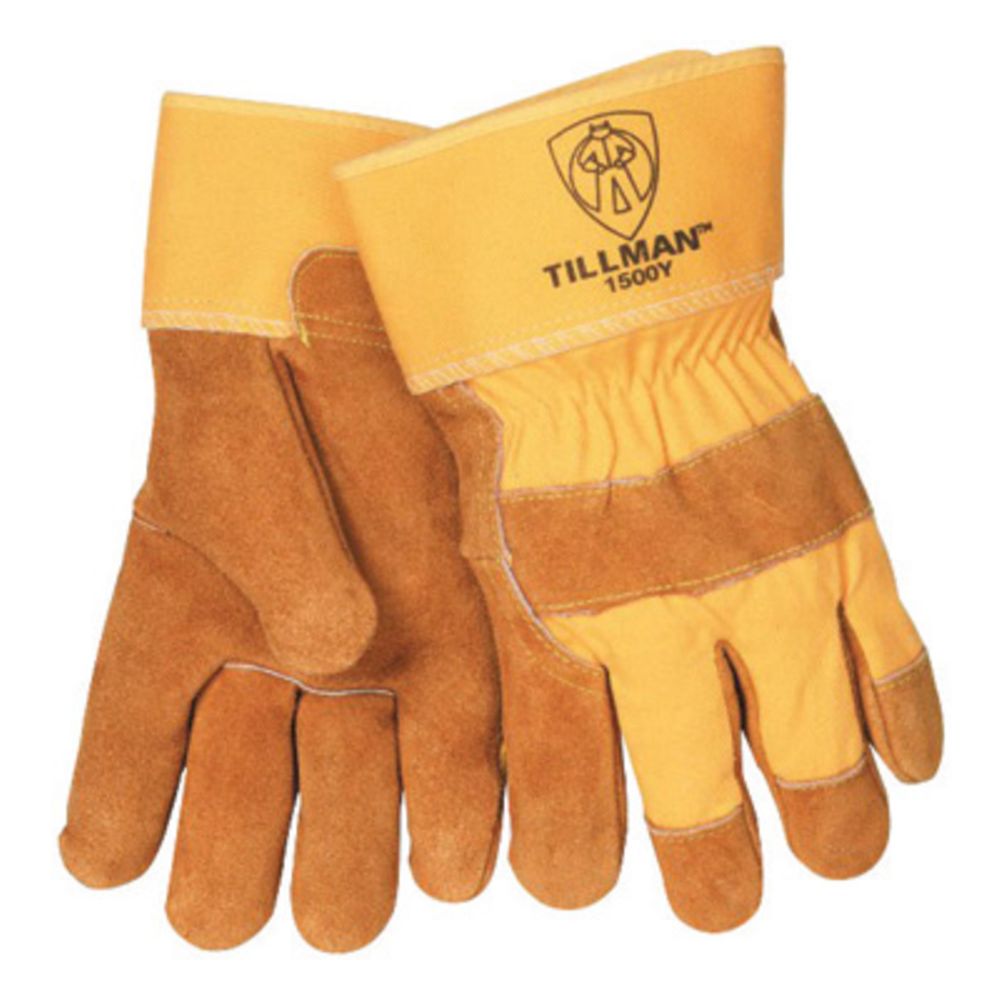 Tillman Large Bourbon Brown And Yellow Select Shoulder Split Cowhide Leather Palm Gloves With Canvas Back, Rubberized Safety Cuff And Knuckle Strap