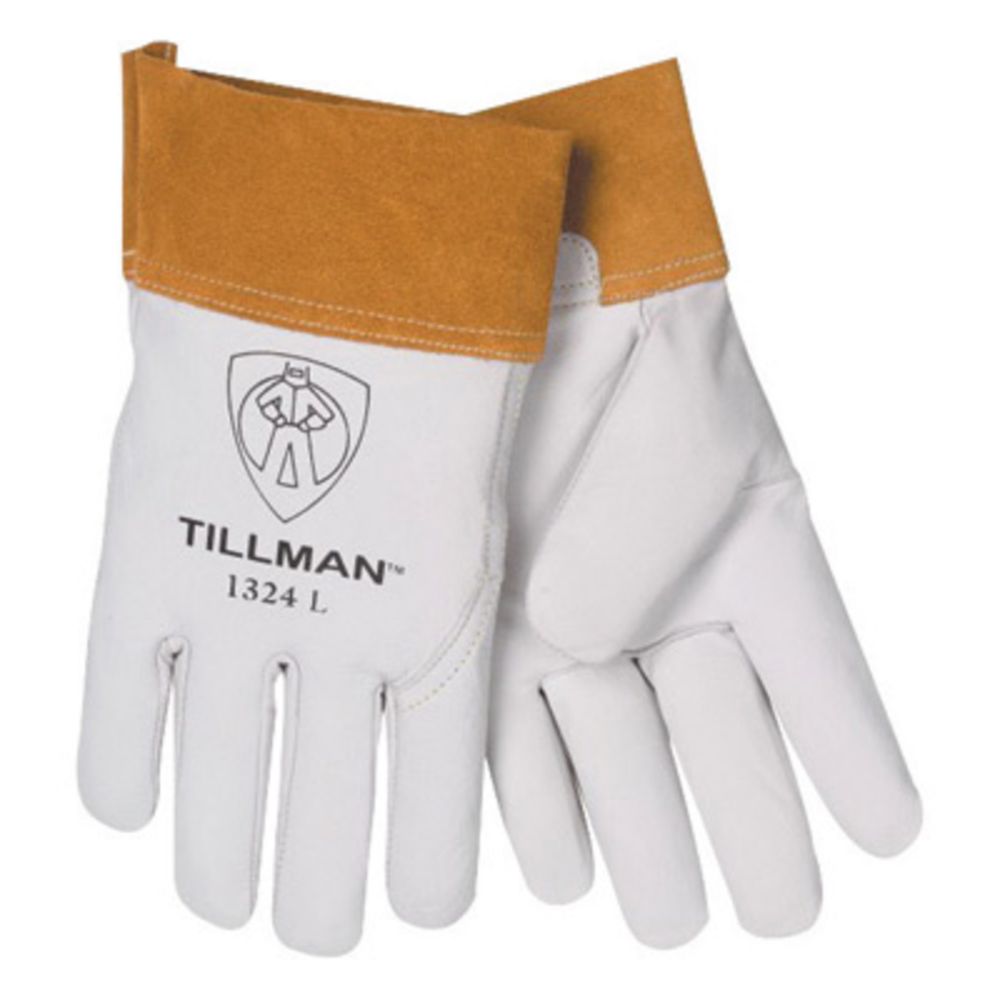 Tillman Small Pearl And Gold Leather TIG Welders Gloves With Cuff And Kevlar Thread Locking Stitch (Carded)