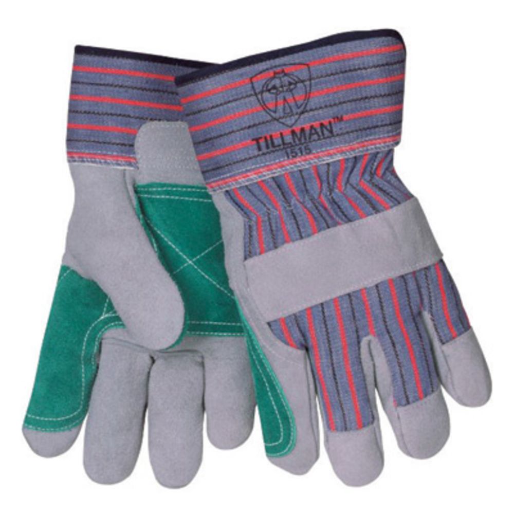 Tillman Large Blue Red Gray And Green Leather Palm Gloves With Rubberized Safety Cuff And Knuckle Strap
