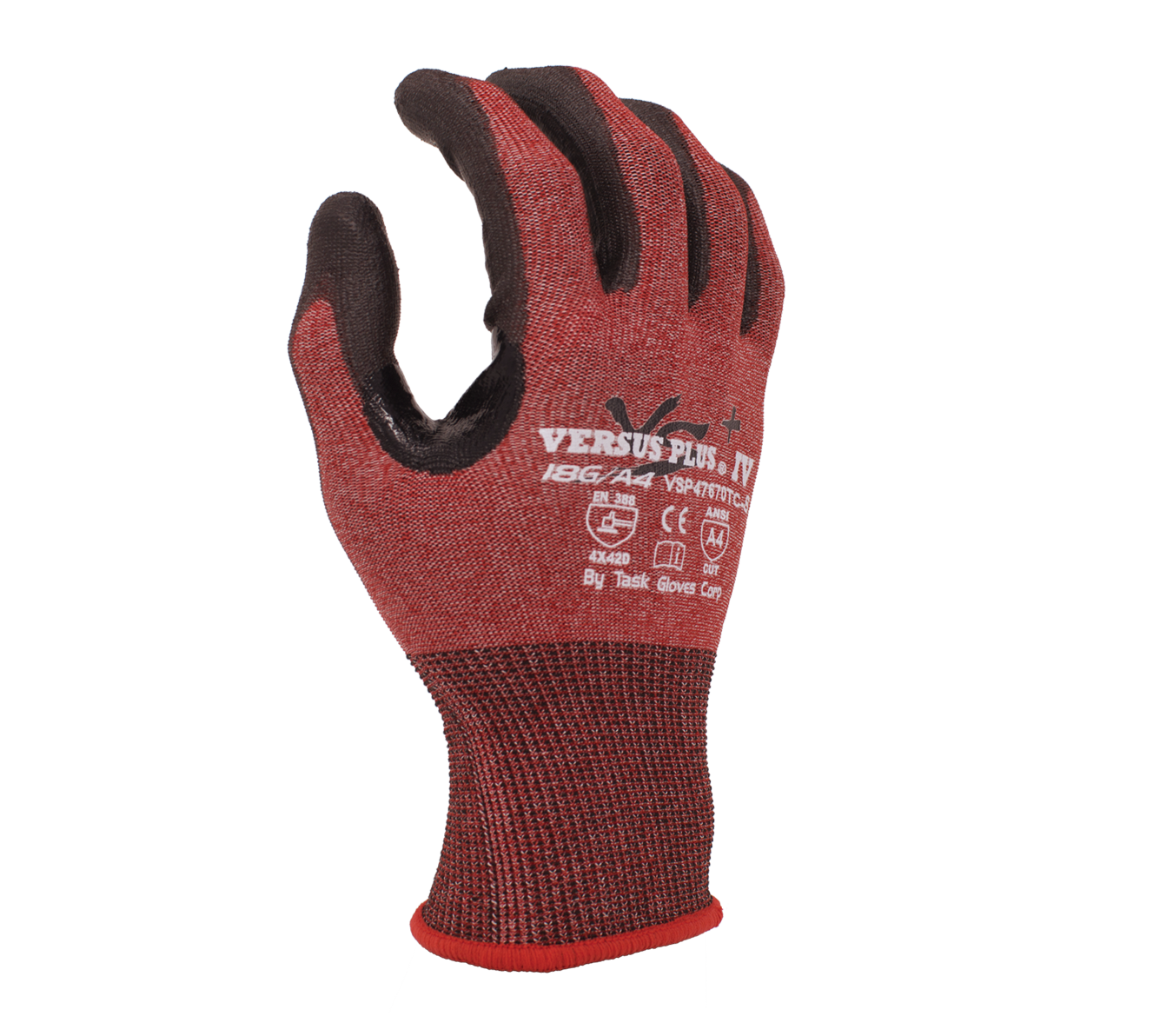 Versus Plus® - 18G Red Falstone® shell, Polyurethane palm coated, Reinforced Thumb Crotch, ANSI A4, Touchscreen compatible